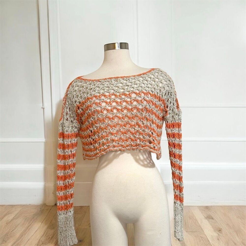 Free People Crochet Crop Top Blouse Small Mesh Bell Sleeve Woven Knit